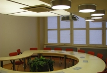 Installed stretch ceiling in conference hall