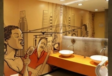 Bathroom with printed wall
